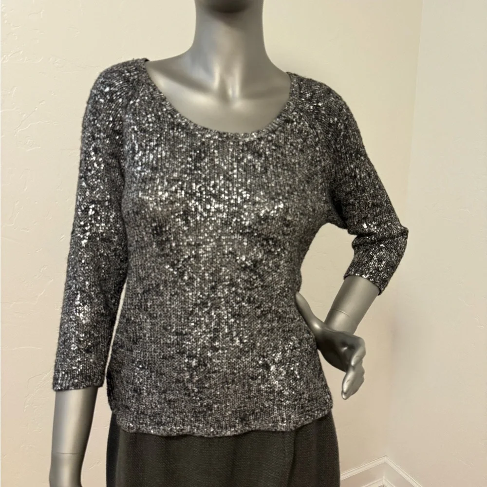 Eileen Fisher Karma Shimmer Metallic Scoop Neck Knit Sweater‎
